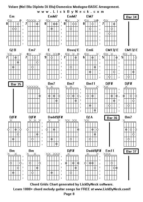 Chord Grids Chart of chord melody fingerstyle guitar song-Volare (Nel Blu Dipinto Di Blu)-Domenico Modugno-BASIC Arrangement,generated by LickByNeck software.